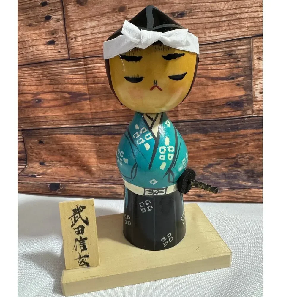 Vintage Wood Samurai Warrior Kokeshi Doll Figurine Blue Wood Stand Base